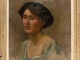 an oil painting of a woman in a green dress looking off to the side