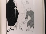 an open book with a black and white drawing of a man and a woman