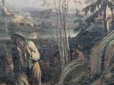 a painting of a group of people walking in the woods