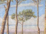 painting of a view of the ocean through the trees