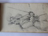 an old book with a drawing of a man holding a sword