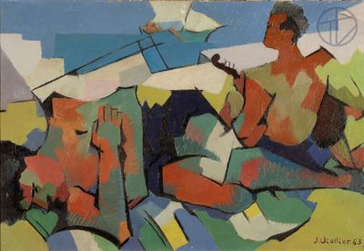 un tableau représentant deux personnes assises dans l'herbe