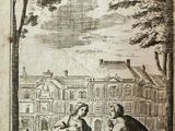 an old book with a drawing of a man holding a sword next to a woman
