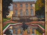 an oil painting of a building with a fountain in front of it