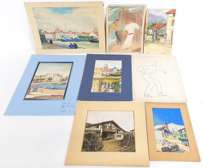 six aquarelles, encadrées et non encadrées, représentant une scène de plage
