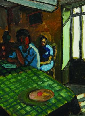 peinture d'un groupe de personnes assises autour d'une table dans une pièce