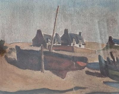 a painting of a group of boats on the beach