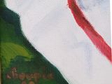 a painting of a red and white kite flying in the sky