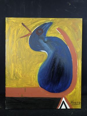 tableau représentant un oiseau bleu au bec rouge sur fond jaune