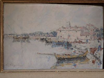 une image d'un tableau représentant un bateau dans l'eau