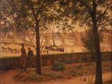 a painting of a couple of people standing by a tree