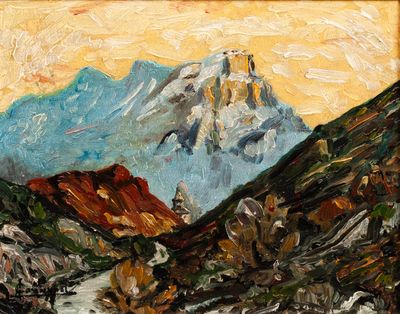 painting of a mountain scene with a river and a mountain in the distance