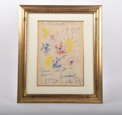 painting of a vase of flowers in a gold frame with a white background