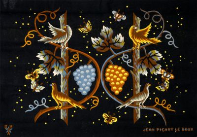 a picture of a painting of birds and grapes on a black background
