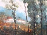 painting of a landscape with trees and a building in the distance