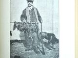 une vieille photo représentant un homme avec un chien et un panier de fleurs