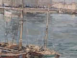 a painting of a boat in the water with a city in the background