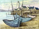 un tableau représentant des bateaux sur la plage, près d'un phare