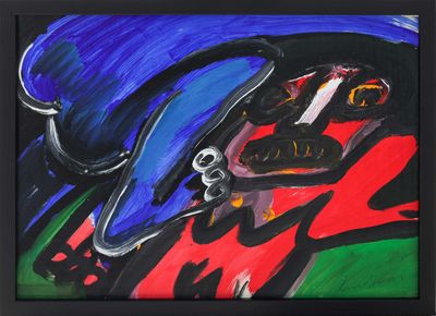abstract painting of a man in a blue hat with a cigarette in his mouth