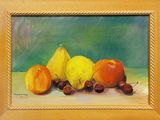 an oil painting of fruit on a table with a green background