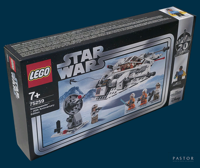 une boîte contenant des sets Lego Star Wars sur fond bleu