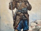 painting of a man with a gun and a hat holding a rifle