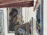 a painting of a woman in a living room with pictures on the wall