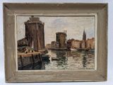 a picture of a painting of a city by the water