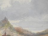 a painting of a mountain with a castle on top of it