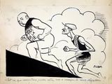 cartoon drawing of a man and a woman running up a hill