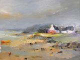 an oil painting of a beach scene with boats and houses