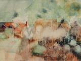 une aquarelle représentant un train qui arrive sur les rails