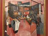 une image représentant un tableau d'une ville sur fond rouge