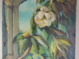 an oil painting of a white flower on a white wall