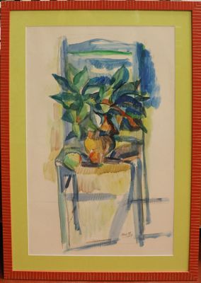 une photo d'un tableau représentant une chaise sur laquelle est posée une plante en pot