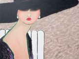 painting of a woman in a black hat and dress sitting on a white chair