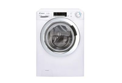 une machine à laver blanche posée sur un comptoir blanc
