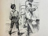 drawing of a boy and a girl in a kitchen with a cat on his head