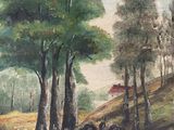 a painting of a country road with trees on the side