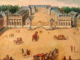 an image of a painting of a courtyard with horses and carriages