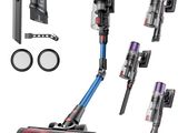 différents modèles d'aspirateurs et d'accessoires sur fond blanc