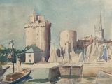 a watercolor painting of a castle and boats in the water