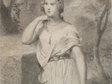 an old drawing of a woman in a white dress with a flower in her hand