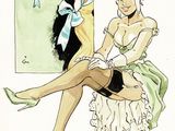 drawing of a woman sitting on a chair with a man in the background