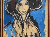 painting of a woman in a large hat with a bird on her shoulder