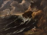 a painting of a man sitting on a rock by the ocean