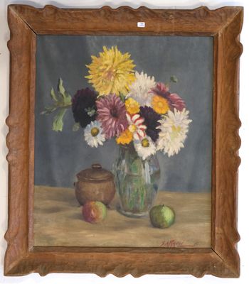 a painting of flowers in a glass vase on a table