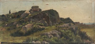 une image représentant une peinture d'un affleurement rocheux dans un champ