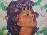 an image of a painting of a woman with flowers in the background