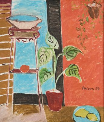 une peinture représentant une plante en pot posée sur une étagère près d'une fenêtre